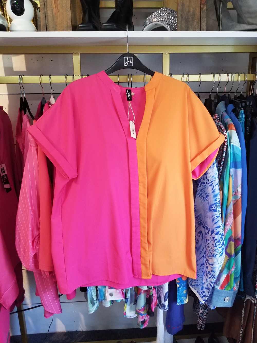 STYLEWE Pink and Orange Colorblock Short Sleeve Blouse